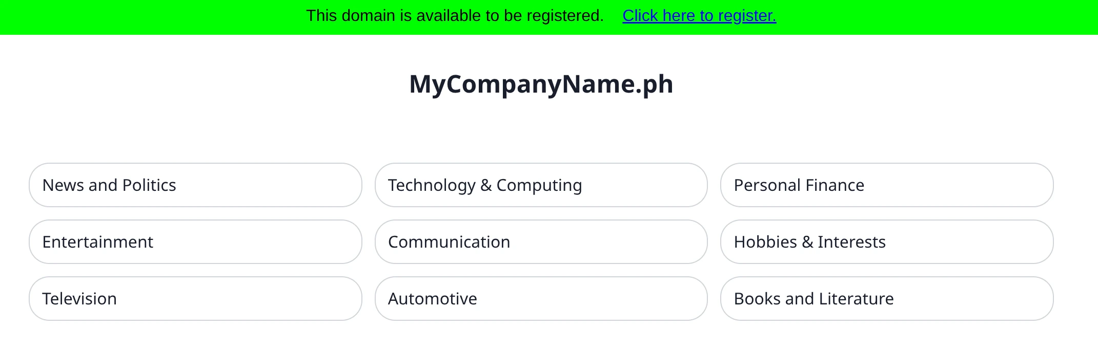 Screenshot of a parked .ph domain. A green banner is displayed at the top, reading 'This domain is available to be registered. Click here to register'. Below are a list of buttons that redirect to different categories of adverts.