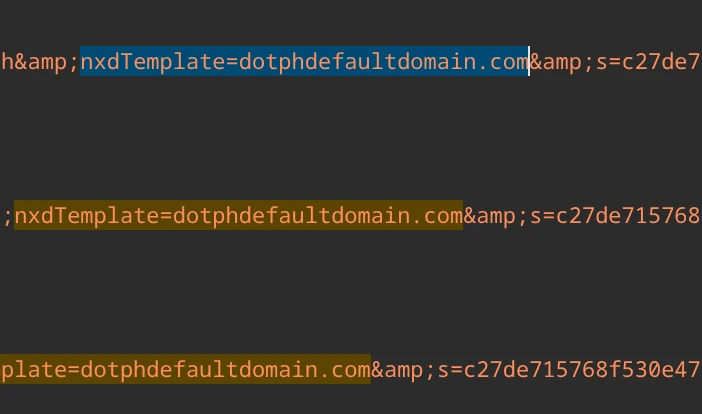 Screenshot of client-side Javascript served from router.parklogic.com. References to an nxdTemplate query parameter pointing to dotphdefaultdomain.com