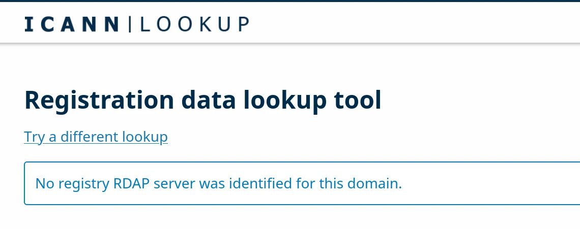 Screenshot of ICANN RDAP lookup search, showing 'No registry RDAP server was identified for this domain