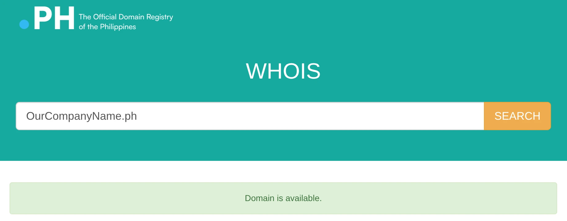 Screenshot of dotPH WHOIS search for OurCompanyName.ph returning a 'Domain is available.' response.