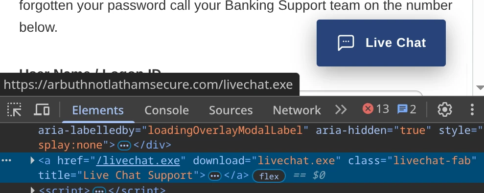 Screenshot of the phishing page. A button titled 'Live Chat'. Devtools is open showing it downloads a livechat.exe file.