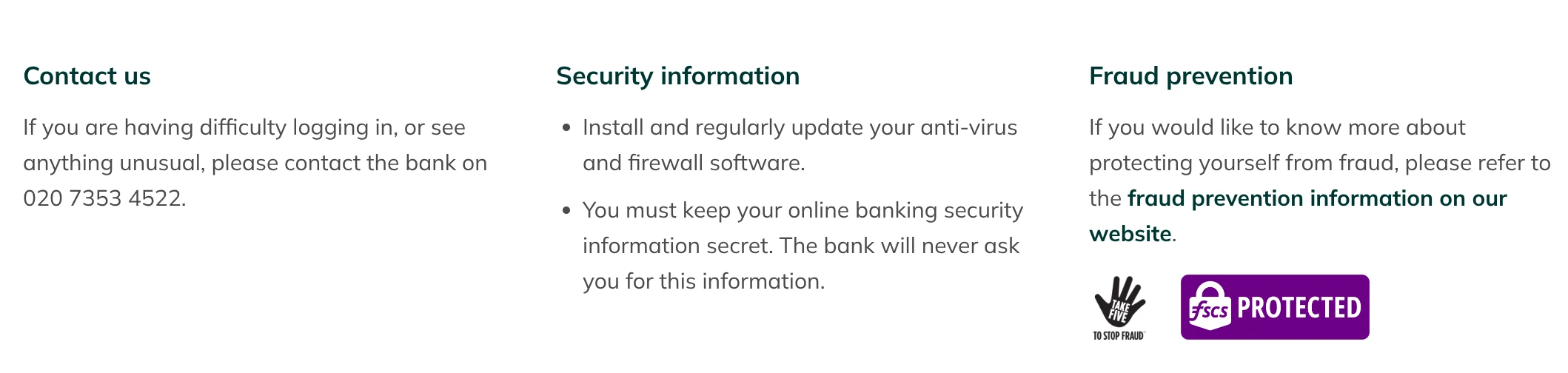Footer information on a bank login page. The subtitles are styled as large and bold.
