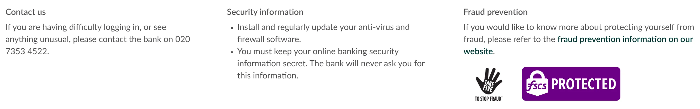 Footer information on a bank login page. The subtitles are not flashy.
