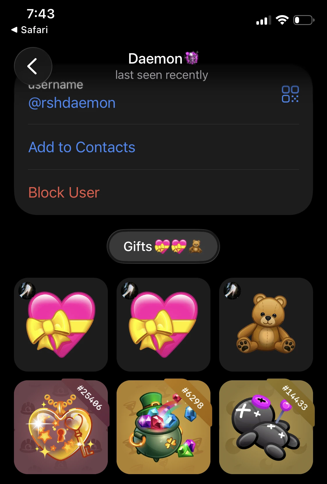Screenshot of Telegram showing NFTs and gifts received by Daemon.