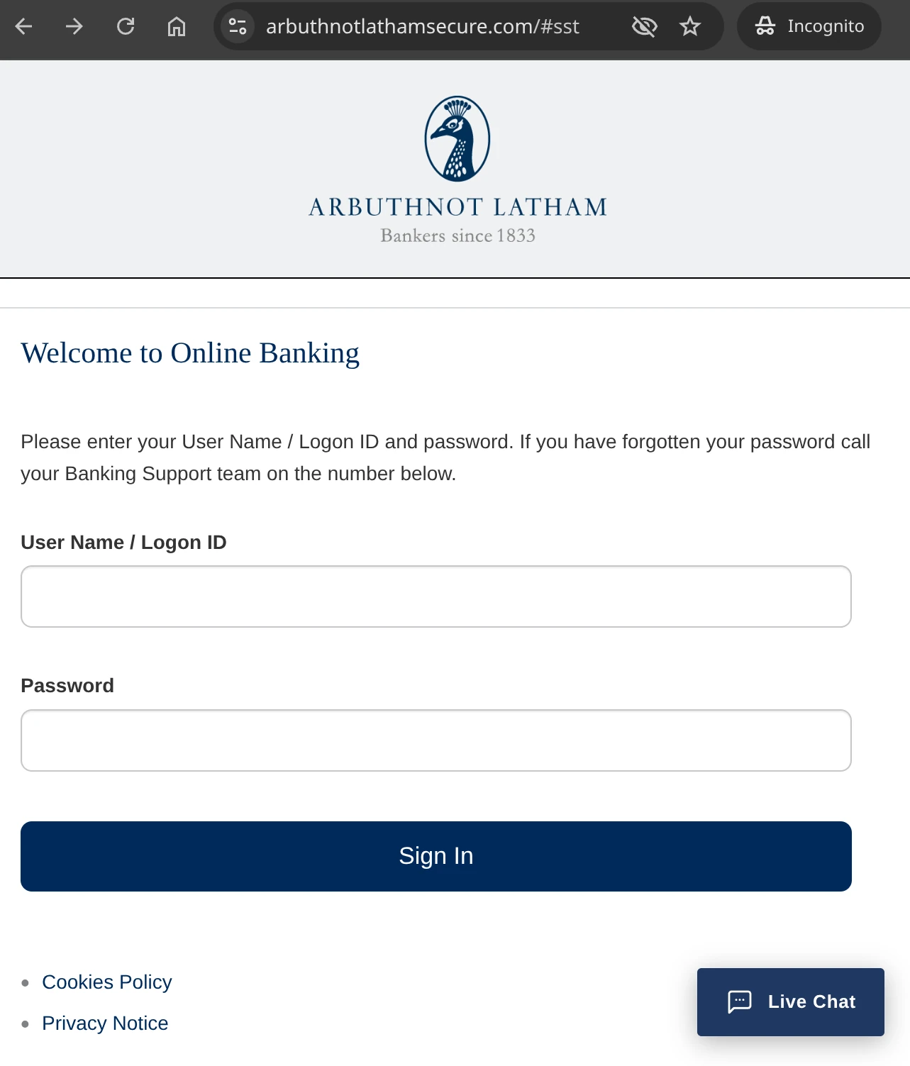 A login screen impersonating UK bank Arbuthnot Latham.